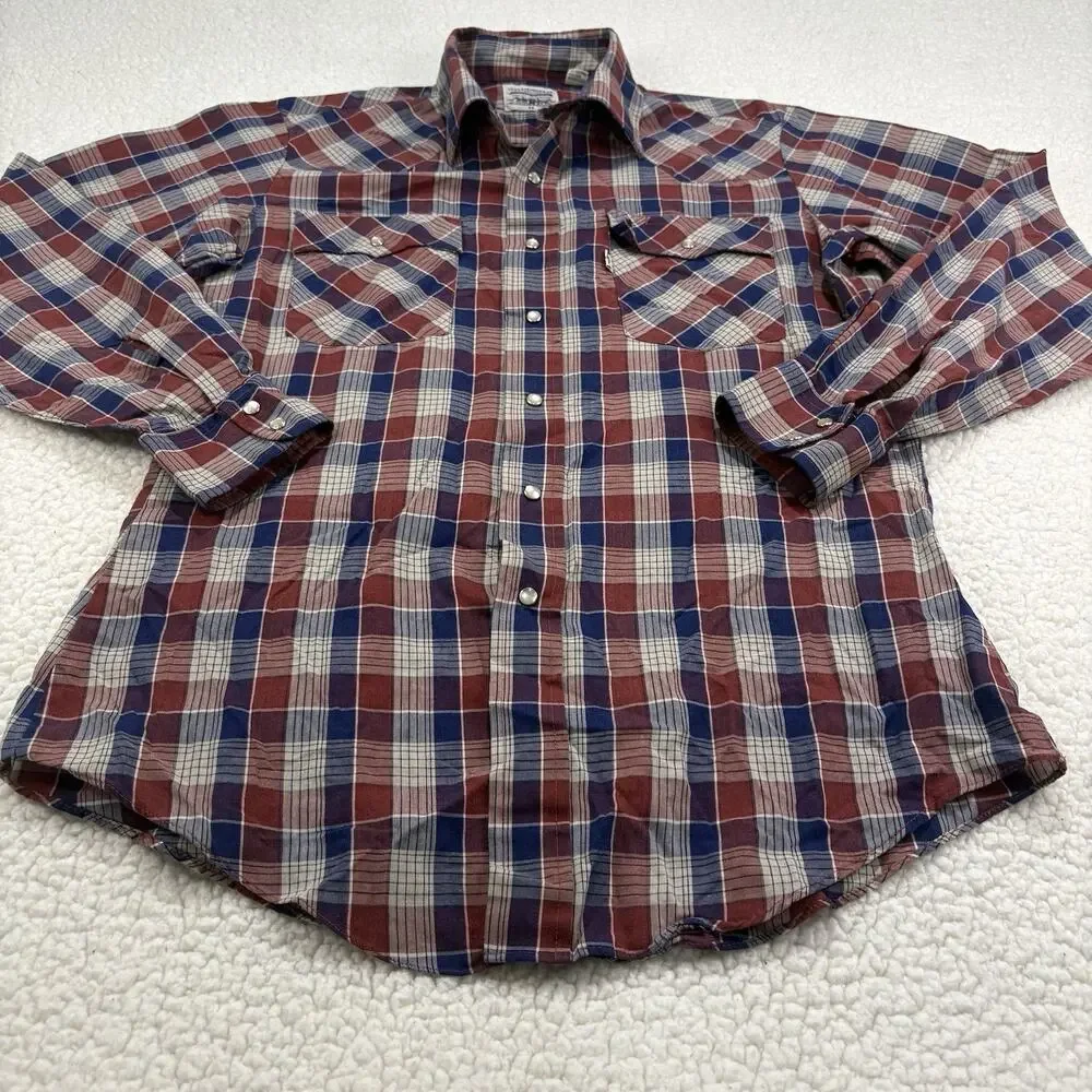 Vintage‎ Levi Strauss & Co Western Pearl Snap Shirt Mens Size M Red Blue Plaid